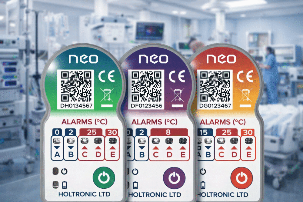 Temperature monitoring devices used in environments requiring 2–8°C, 2–25°C, 15–25°C, and 30°C storage conditions